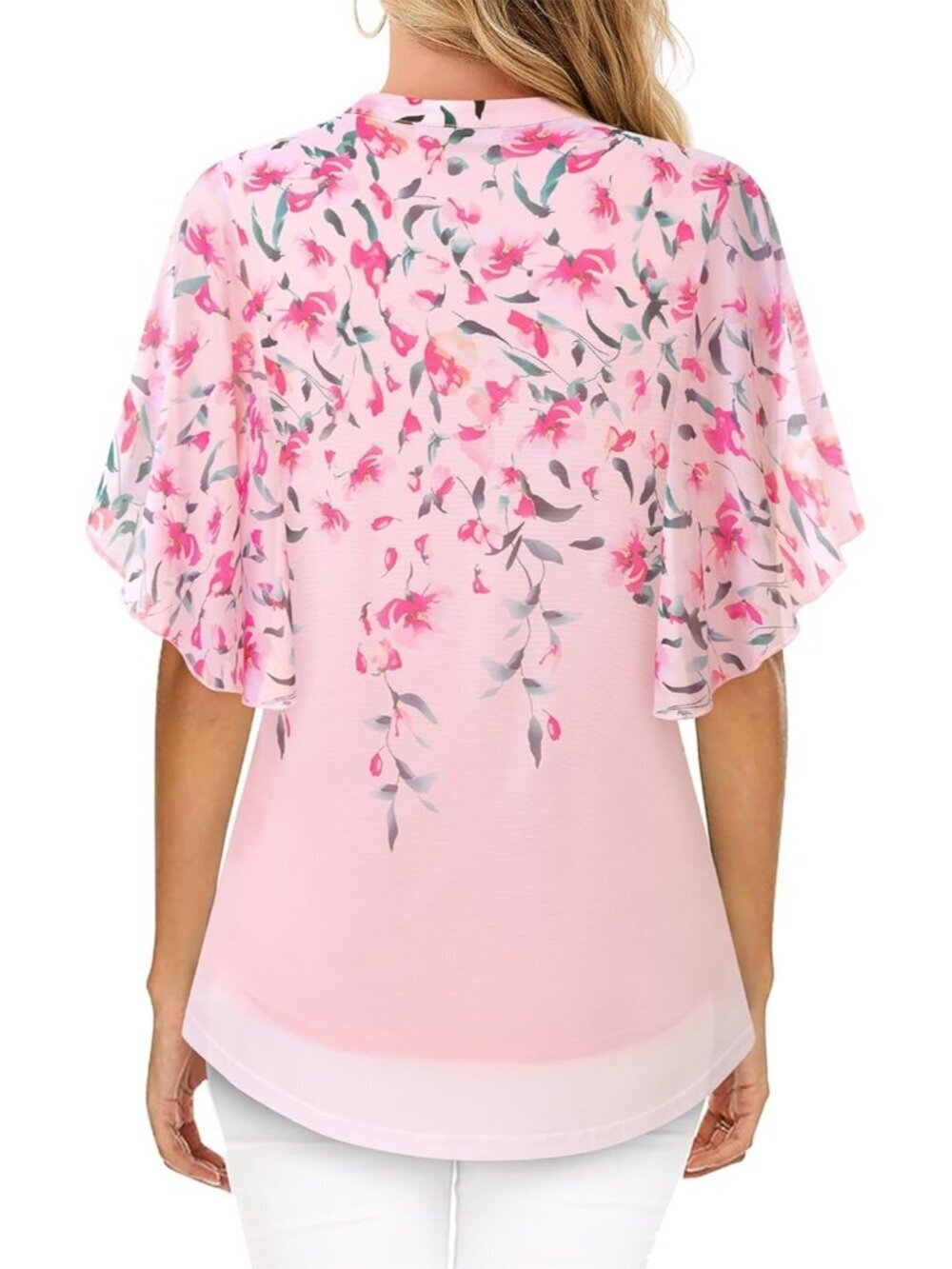 Women's Pink Floral Short Sleeve V Neck Top Blouses Floral Double Layers Shirts - Picture 4 of 5